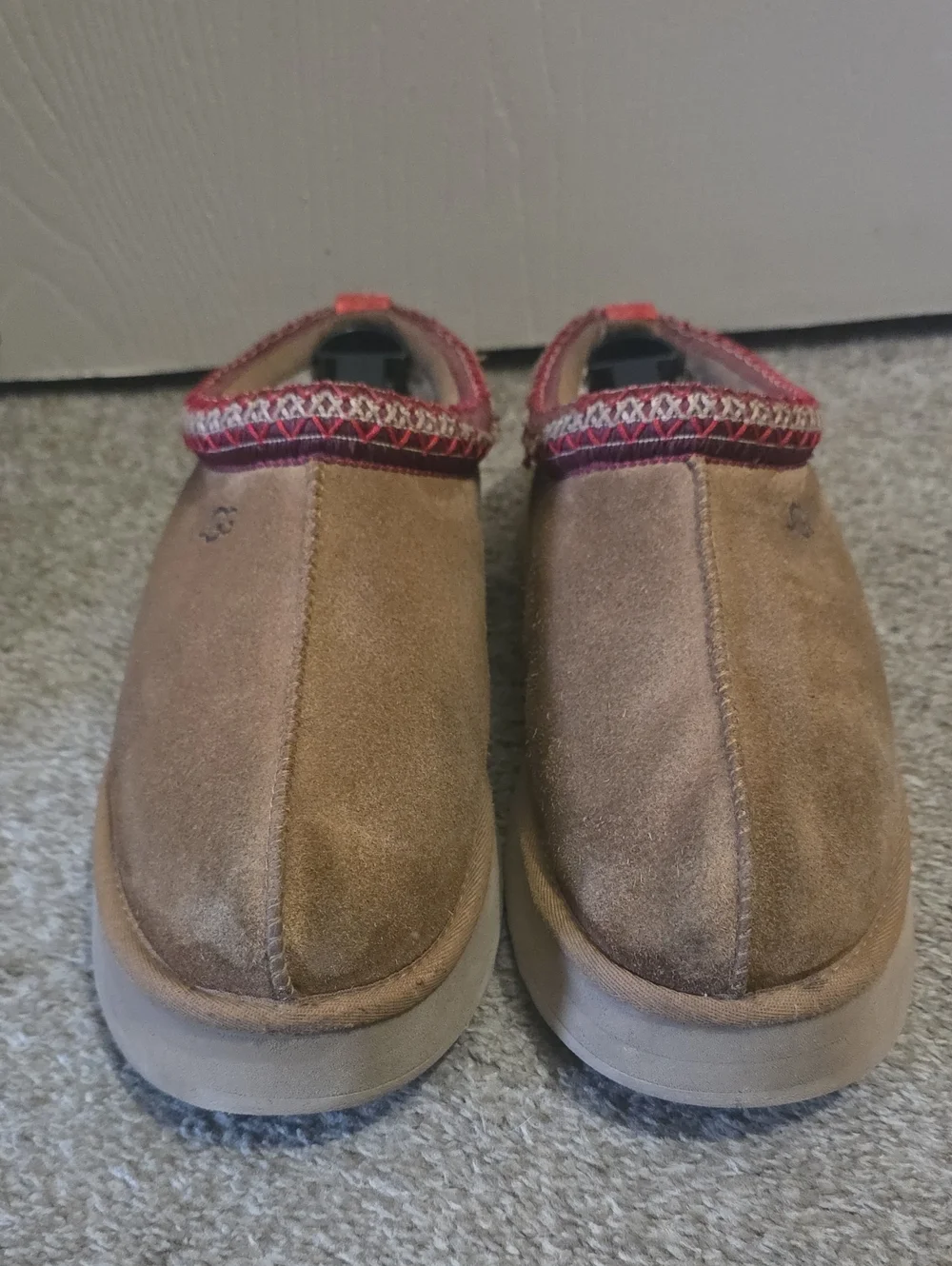 UGG Brown Suede Tasman Slip-On Clogs with Red Trim